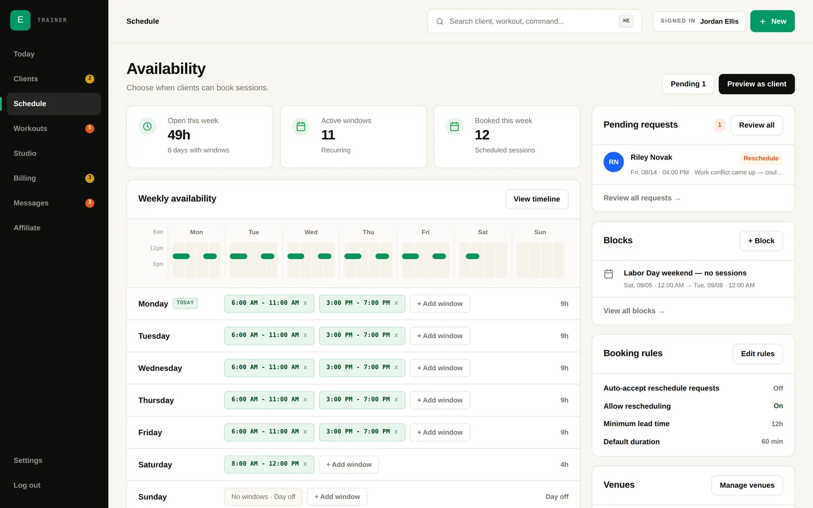 The Fitvia schedule screen showing weekly availability windows, a pending reschedule request, time-off blocks, and booking rules including auto-accept and minimum lead time
